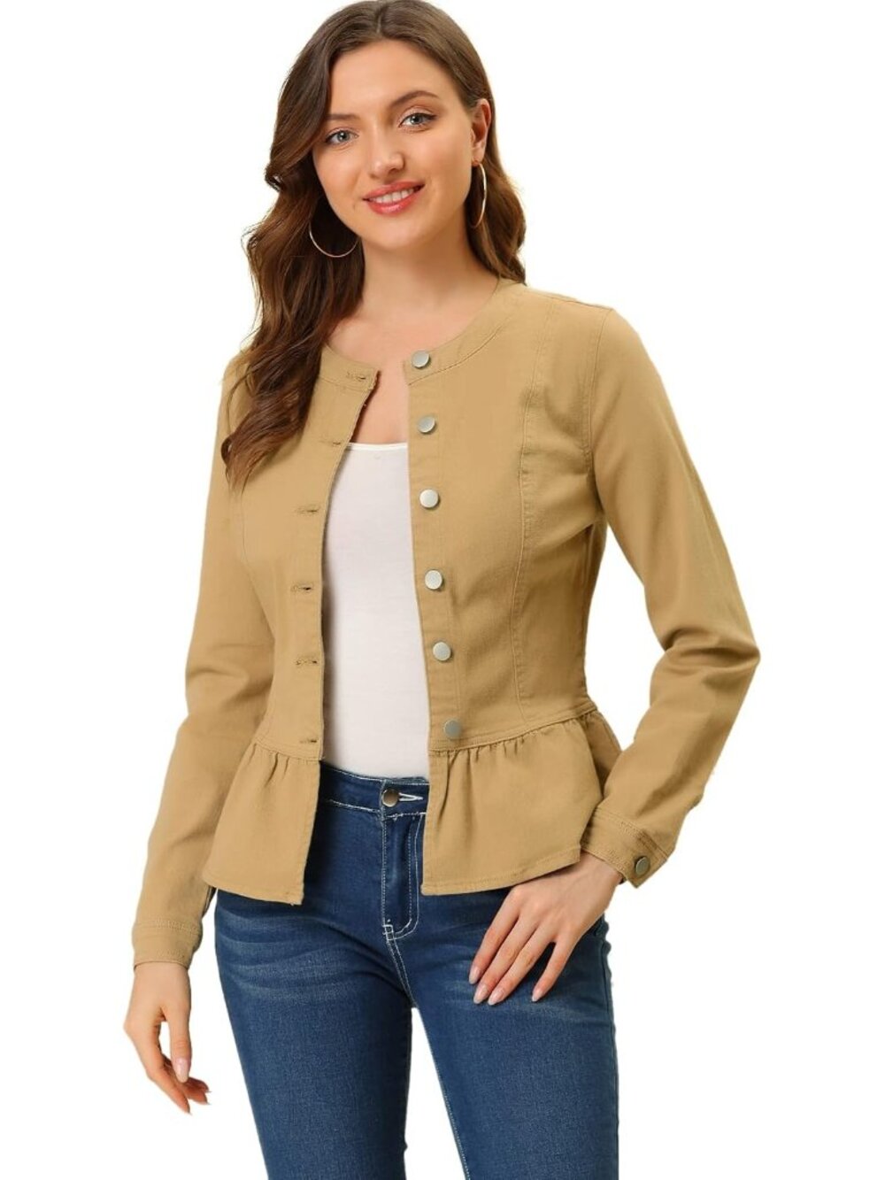 Women's Khaki Denim Jackets Collarless Round Neck Button Down Ruffle Hem Jacket